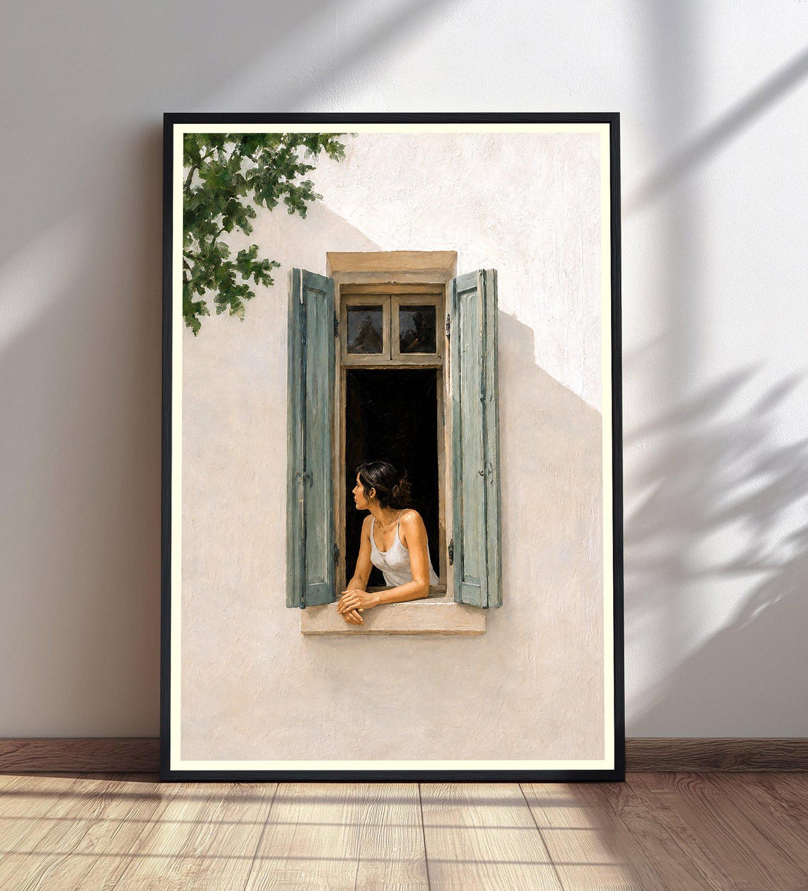 Woman Looking Out Window Blue Shutters Mediterranean Style Poster