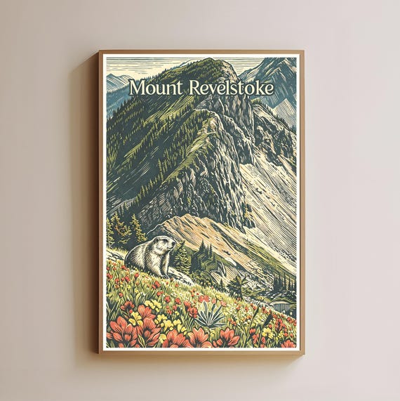 Mount Revelstoke National Park Print Vintage Travel Poster Marmot Wildflower Wall Art Mountain Nature Decor
