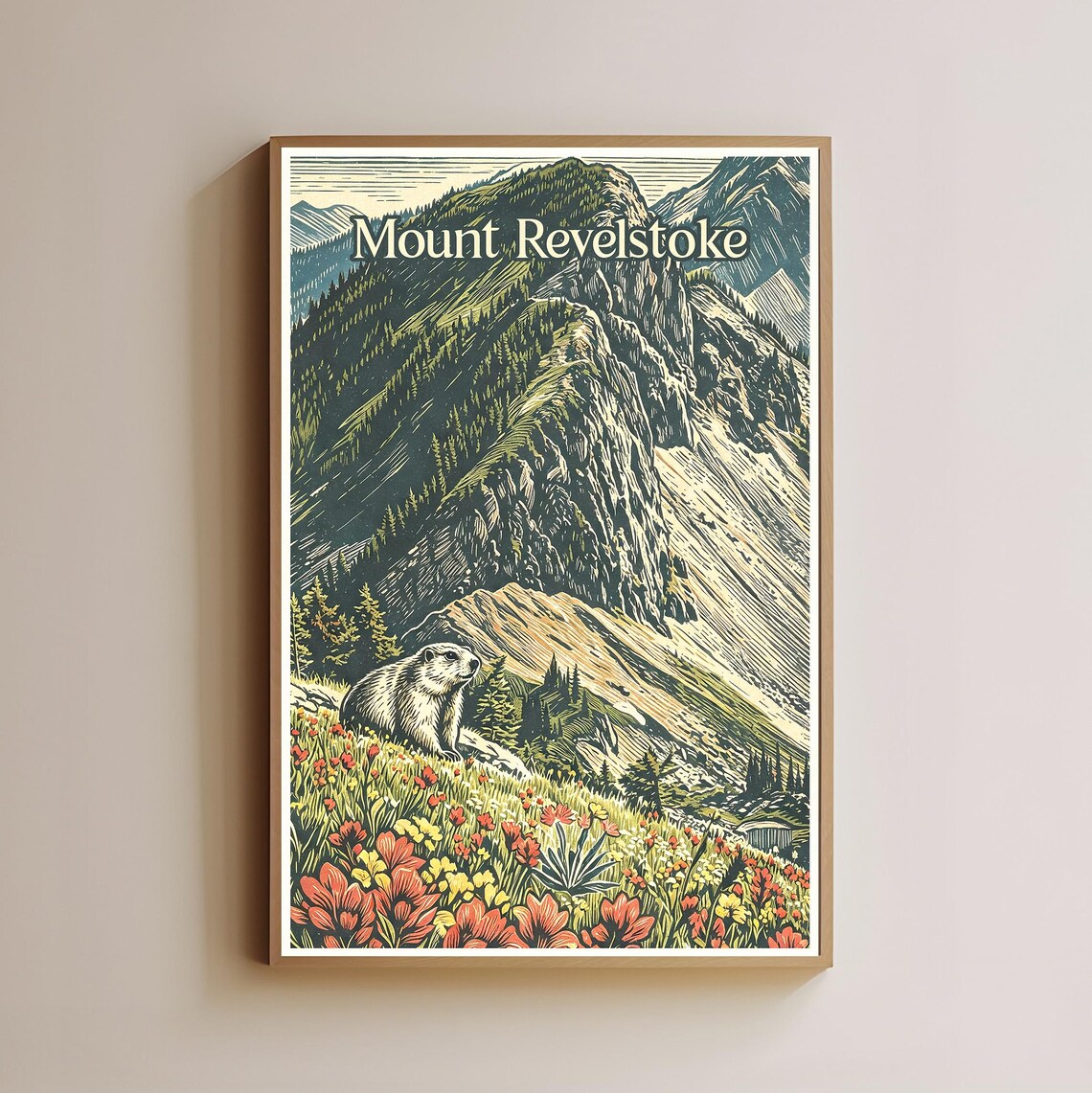 Mount Revelstoke Marmot Wildflower Woodcut Vintage Travel Poster