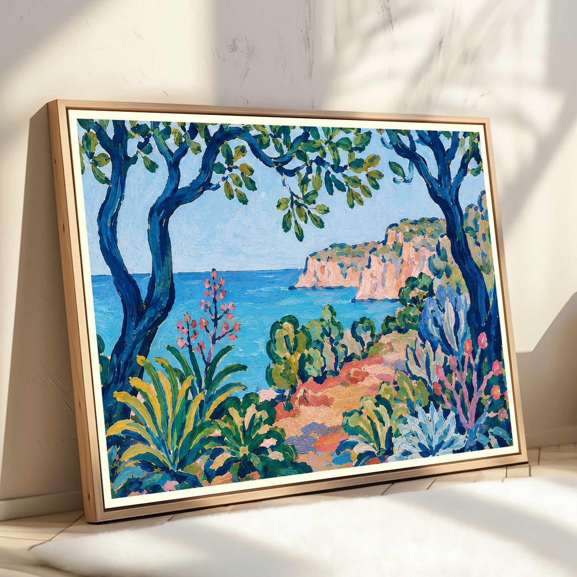 Coastal Bay Cliffs Impressionist Painting Through Blue Trees Poster