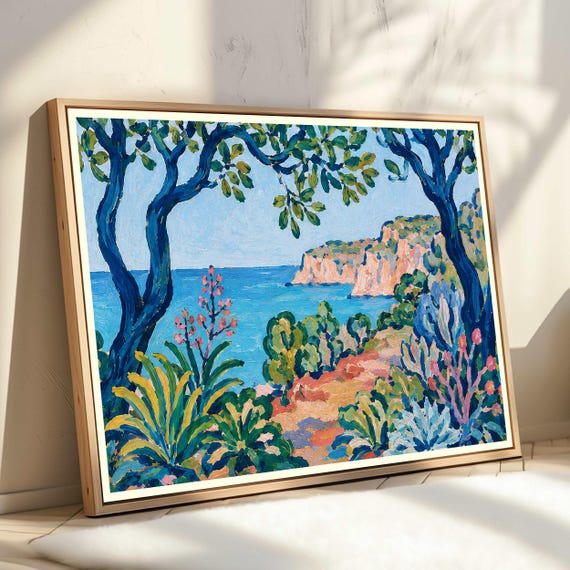 Coastal Landscape Print Impressionist Ocean Cliffs Wall Art Blue Trees Colorful Foliage Seascape