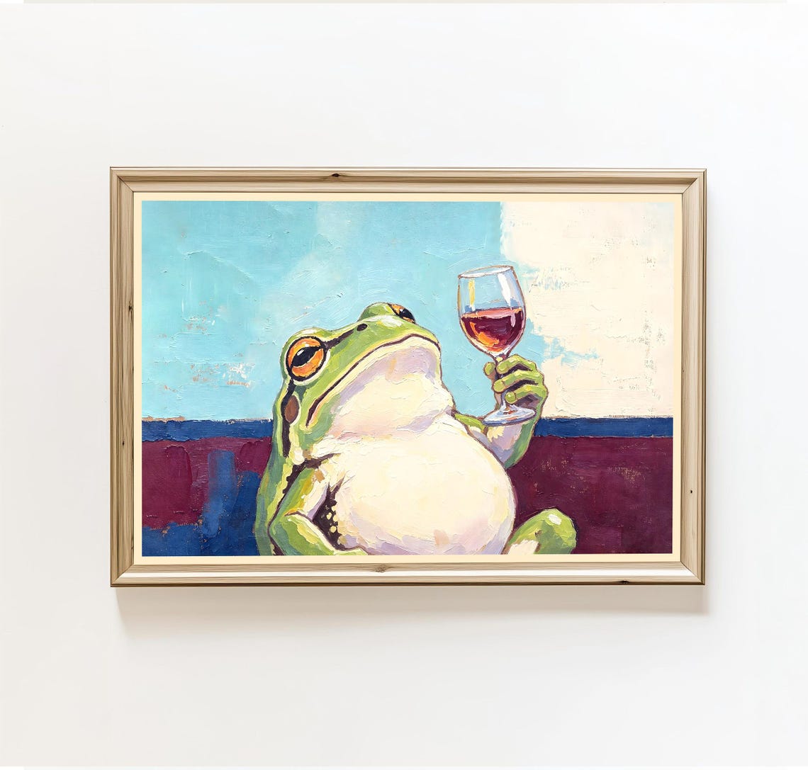 Wine Frog Art Print Funny Wall Cottagecore Decor Vintage Style