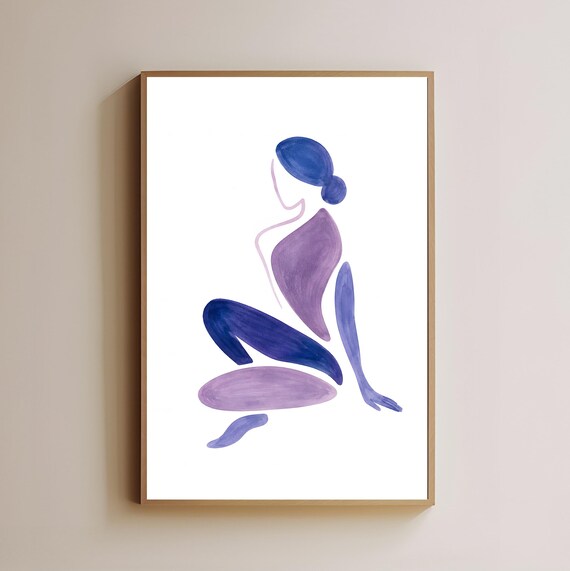 Abstract Female Figure Watercolor Minimalist Blue Purple Wall Art