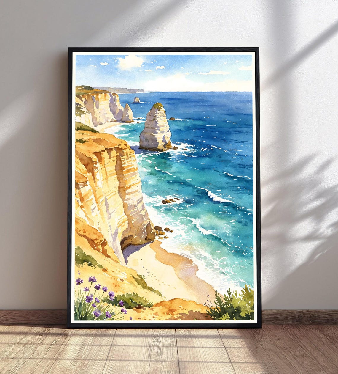 White Chalk Cliffs Sea Stacks Turquoise Ocean Watercolor Poster