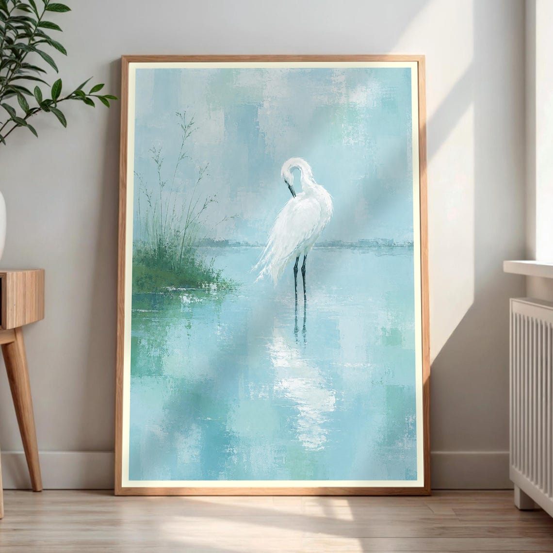 White Egret Coastal Marsh Impressionist Bird Painting Art Poster