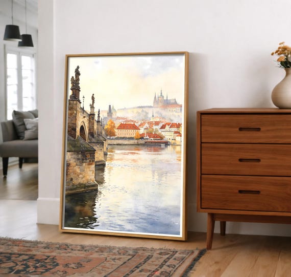 Prague Watercolor Print Charles Bridge Painting Czech Republic Cityscape Vltava River Art