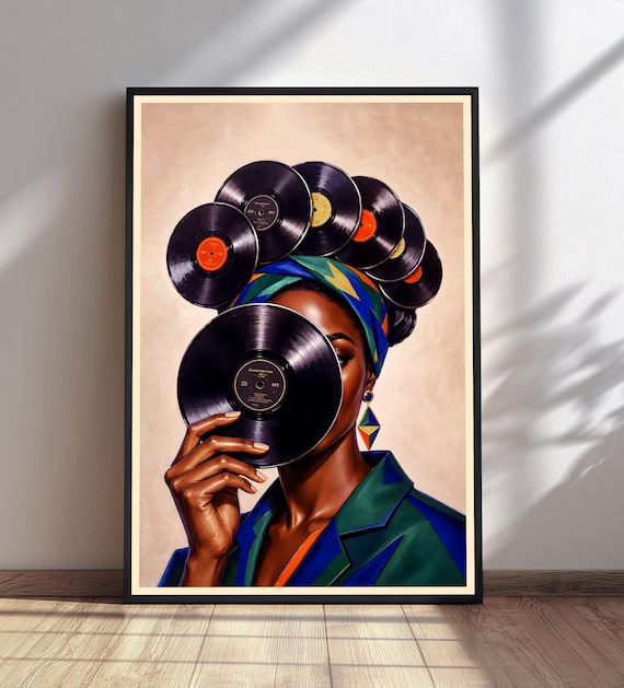 Black Woman Vinyl Records Hair Afrocentric Music Lover Wall Art