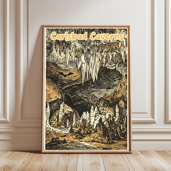 Carlsbad Caverns Stalactite Bat Cave Vintage Woodcut Travel Poster