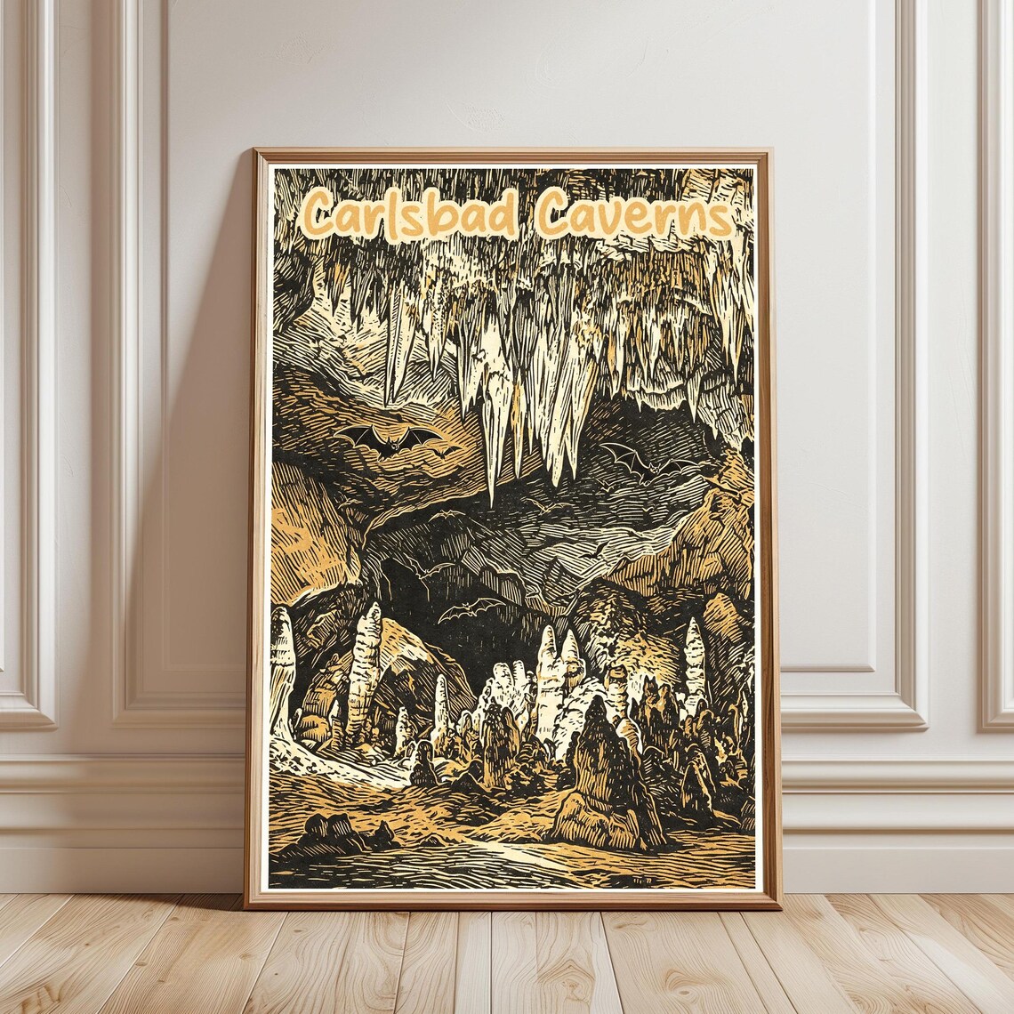 Carlsbad Caverns Stalactite Bat Cave Vintage Woodcut Travel Poster