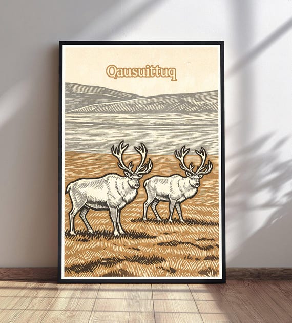 Qausuittuq Reindeer Art Print Woodcut Caribou Wall Rustic Linocut Style Decor Winter Wildlife