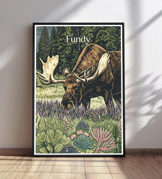 Fundy Moose Poster Print Vintage Style Woodcut Wall Art Nature Landscape Woodland Decor