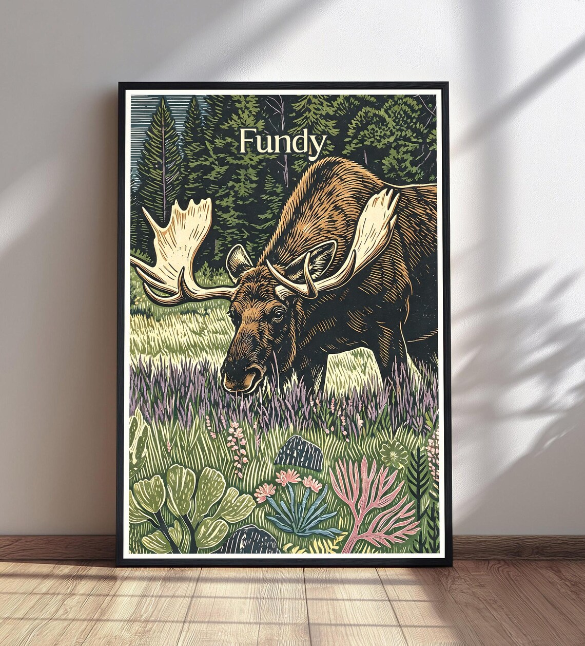 Fundy Moose Antlers Wildflower Woodcut Vintage National Park Poster