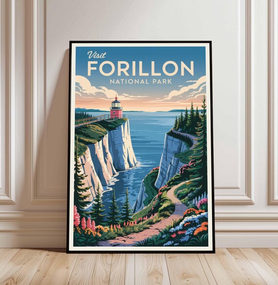 Visit Forillon Quebec National Park Vintage Travel Poster Lighthouse Art
