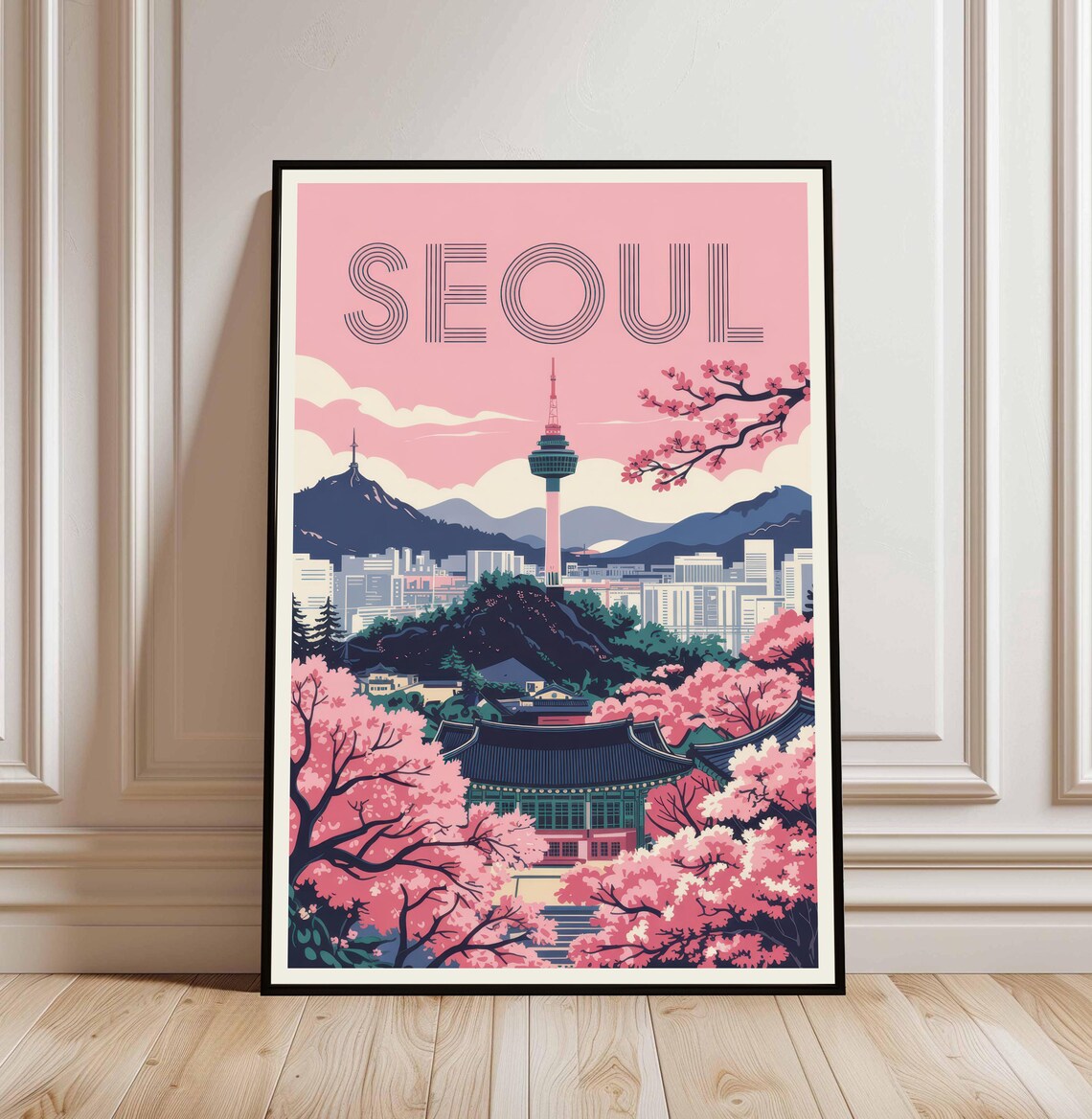 Seoul South Korea N Seoul Tower Cherry Blossom Travel Poster