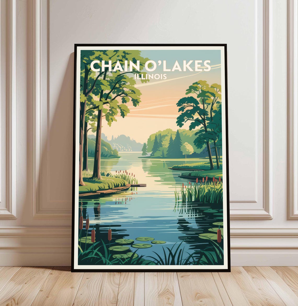 Chain O'Lakes Illinois Lakeside Sunrise Vintage Travel Poster