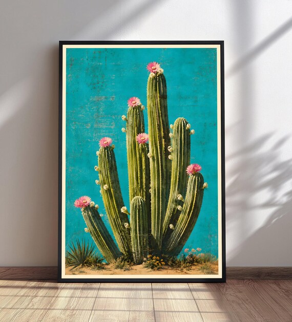 Blooming Saguaro Cactus Teal Distressed Southwest Desert Poster