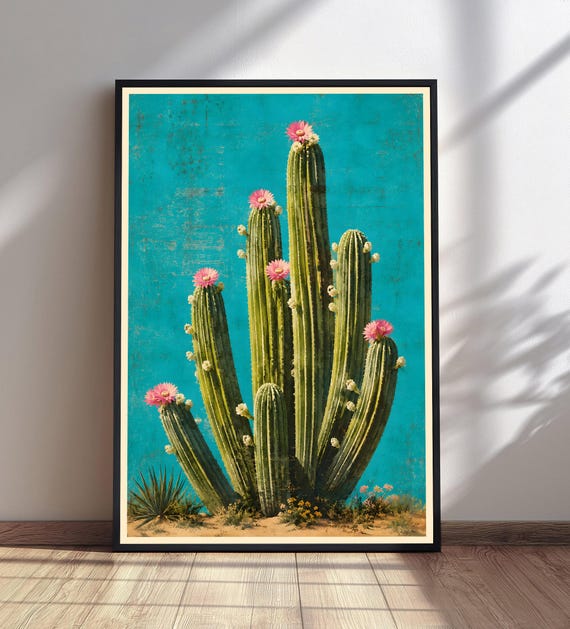 Saguaro Cactus Wall Art Distressed Teal Desert Print Southwestern Botanical Decor Boho Landscape