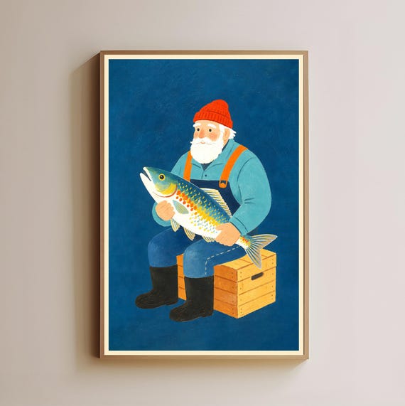 Old Fisherman Holding Big Fish Folk Art Rustic Cabin Decor Poster