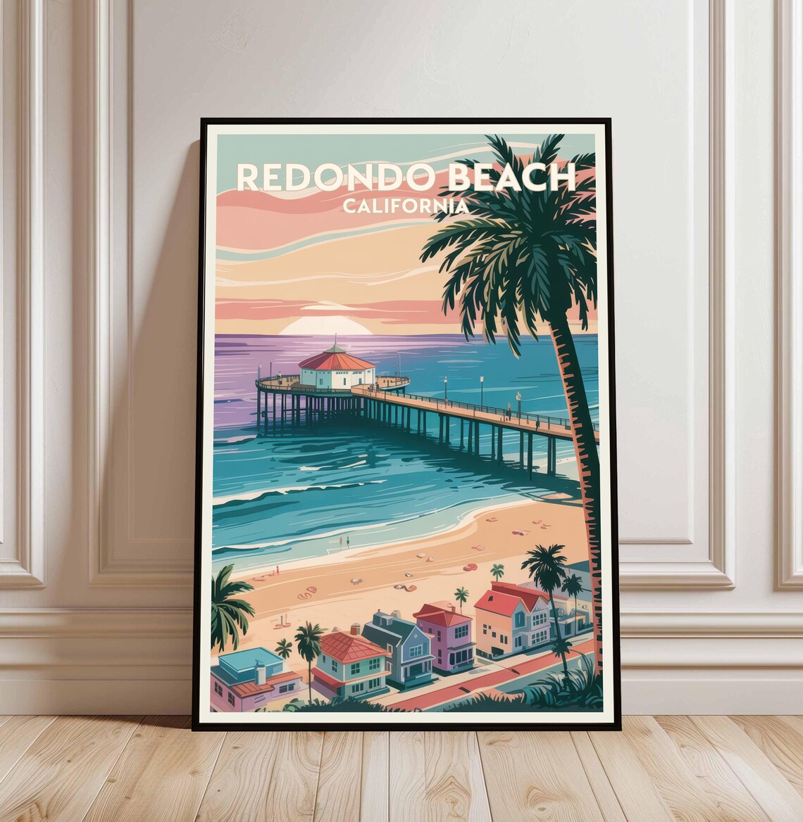 Redondo Beach California Pier Sunset Palm Trees Vintage Travel Poster