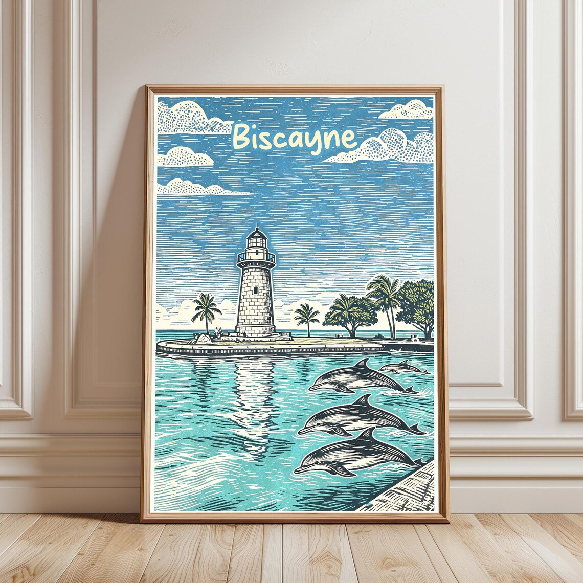 Biscayne Lighthouse With Dolphins Woodcut Travel Poster Florida Coast Art