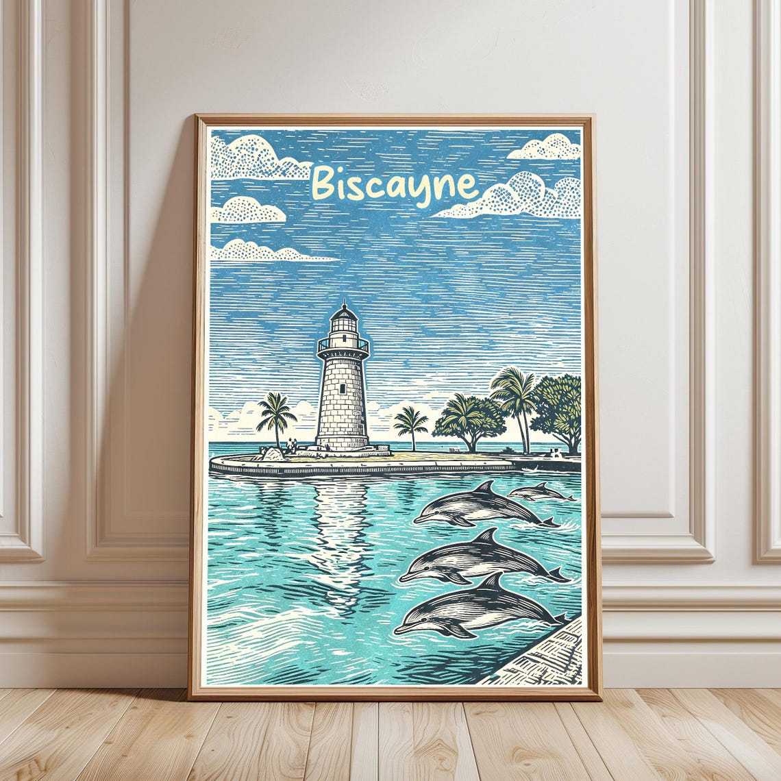 Biscayne Travel Poster Vintage Lighthouse Print Florida Wall Art Dolphin Ocean