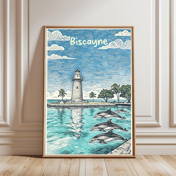 Biscayne Lighthouse With Dolphins Woodcut Travel Poster Florida Coast Art
