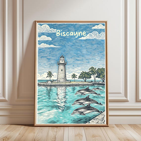 Biscayne Travel Poster Vintage Lighthouse Print Florida Wall Art Dolphin Ocean