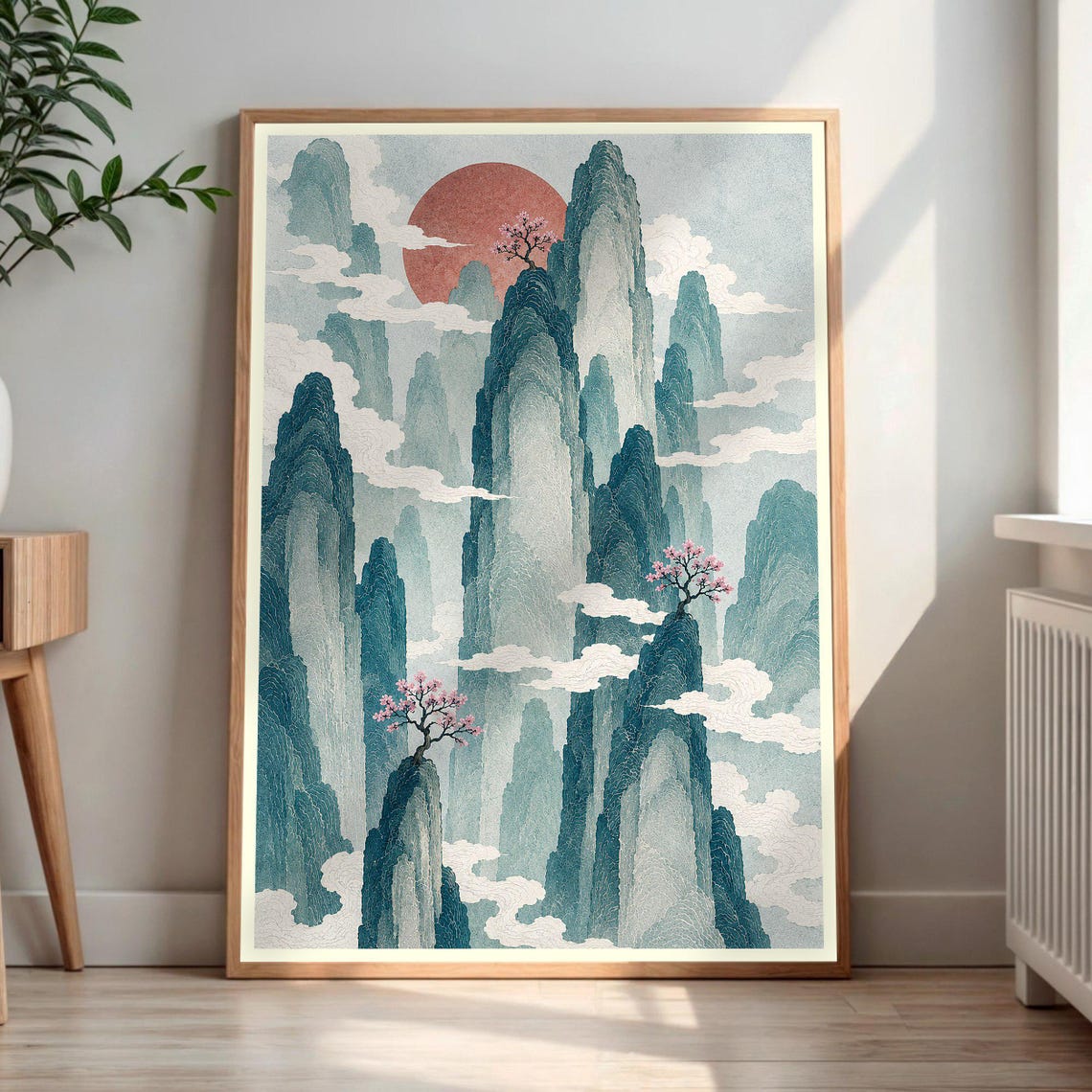 Japanese Misty Mountains Red Sun Cherry Blossom Peak Art Poster