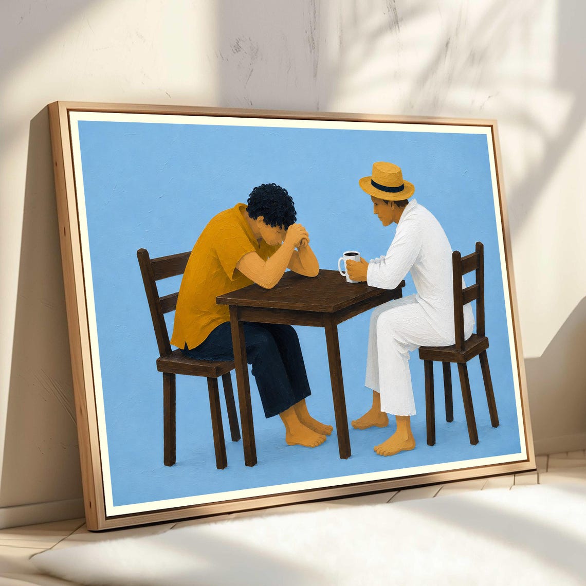 Two Men Drinking Coffee Print Barefoot Friends Art Blue Background Wall Kitchen Cafe Decor