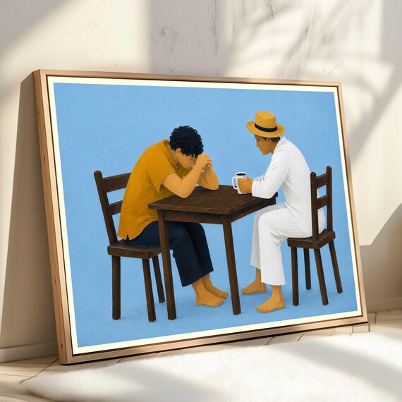 Two Barefoot Men Sharing Coffee Painting Blue Background Friendship Art Print