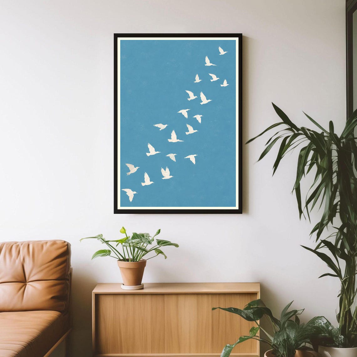 White Birds Flock Flying Formation Blue Sky Minimalist Wall Art