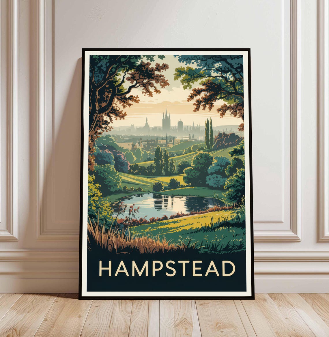 Hampstead London Vintage Travel Poster Pond Parkland Skyline Art