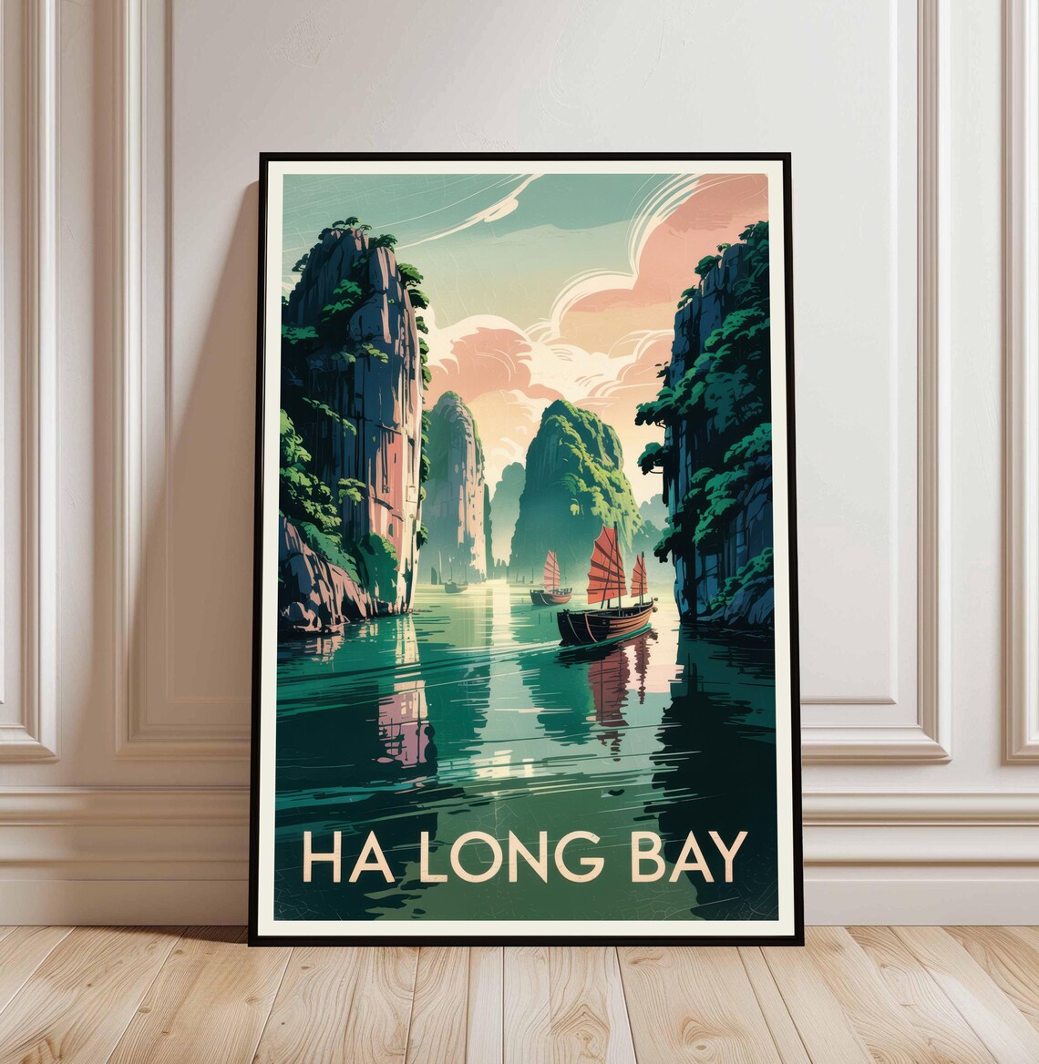 Ha Long Bay Vietnam Limestone Karsts Junk Boat Vintage Poster
