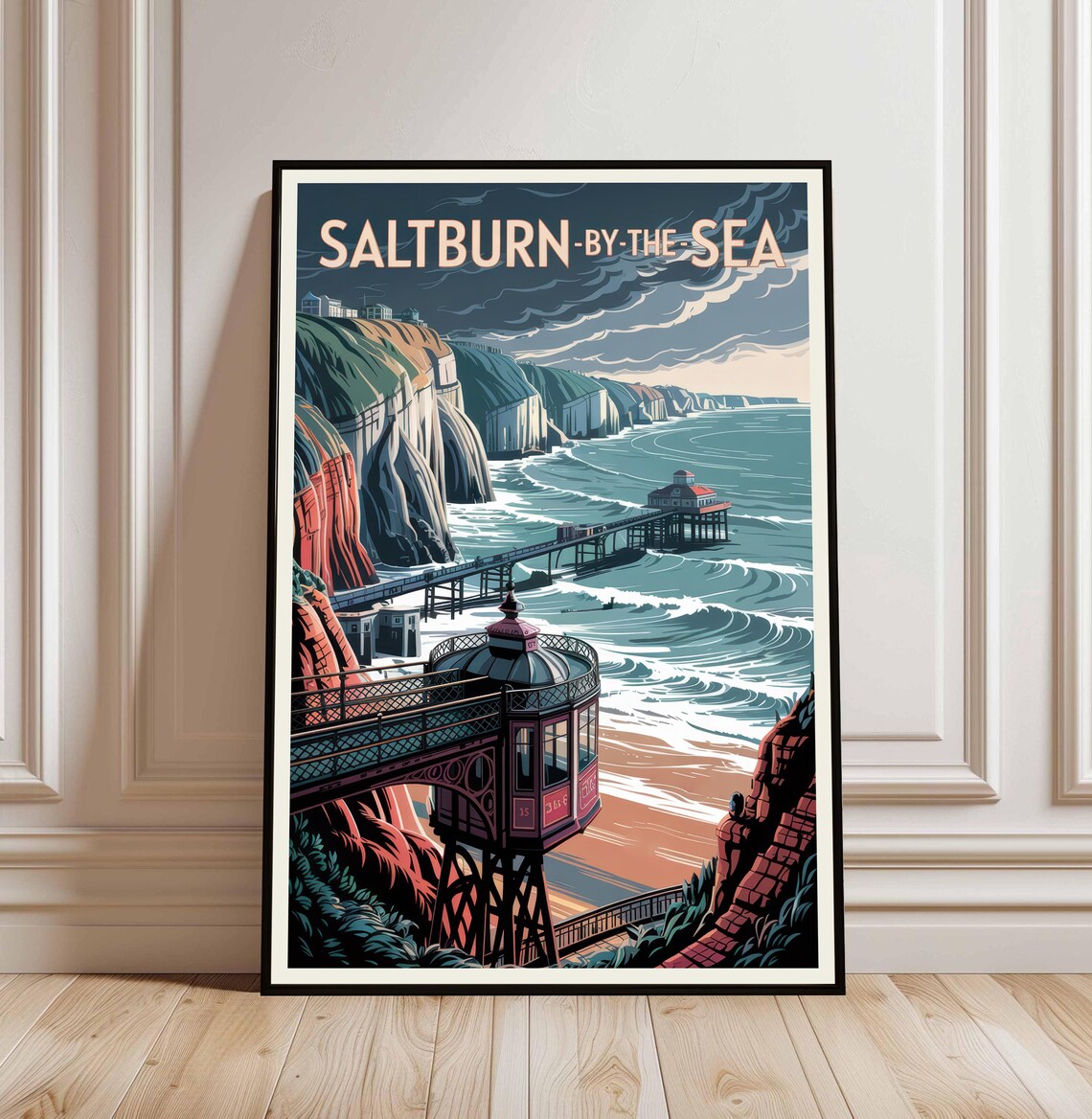 Saltburn by the Sea Vintage Travel Poster Pier Cliffs Coastal Art