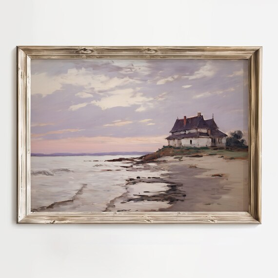 Seaside Cottage On Rocky Shore At Pink Dusk Sky Seascape Poster