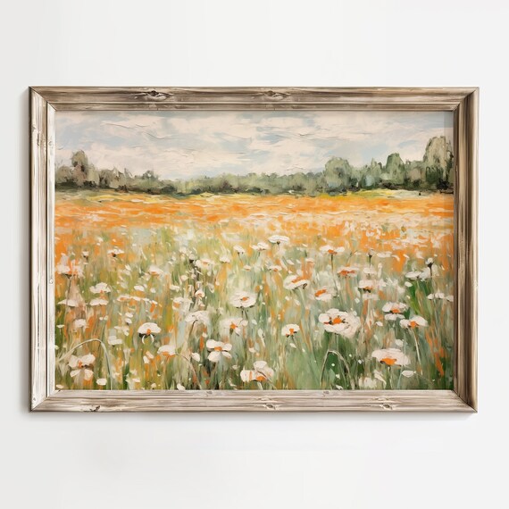 Orange Poppy and White Daisy Wildflower Field Spring Landscape Print