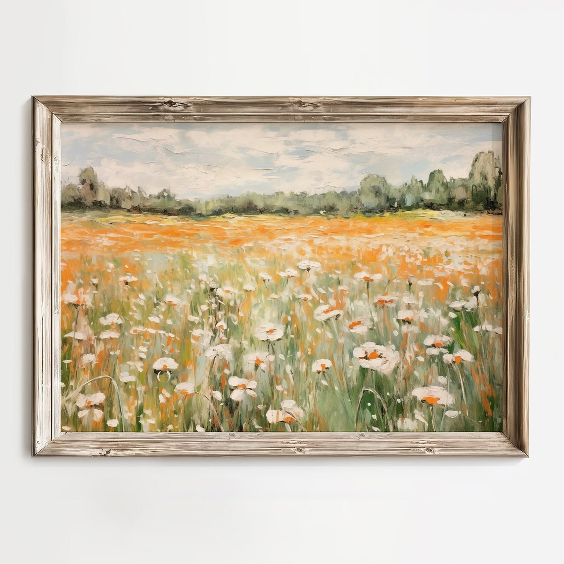 Orange Poppy and White Daisy Wildflower Field Spring Landscape Print