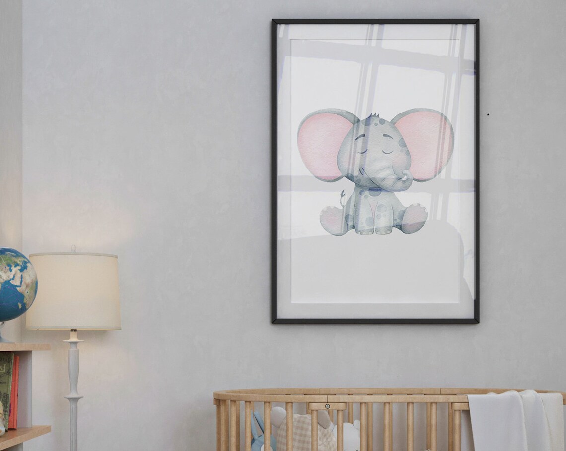 Watercolor Baby Elephant Sitting Nursery Wall Art Cute Safari Animal Poster - Image 3