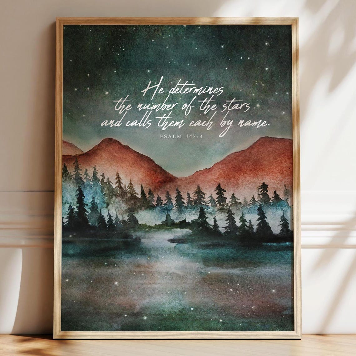 Psalm 147:4 Starry Night Watercolor Mountain Lake Scripture Poster