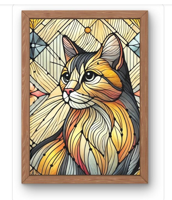 Stained Glass Cat Portrait Orange Gray Mosaic Style Feline Art Poster