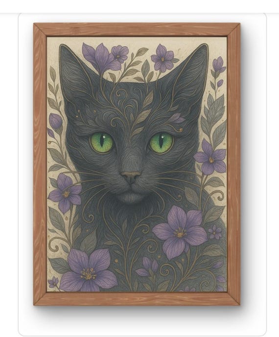 Floral Gothic Black Cat Purple Blooms Green Eyes Vintage Art Print