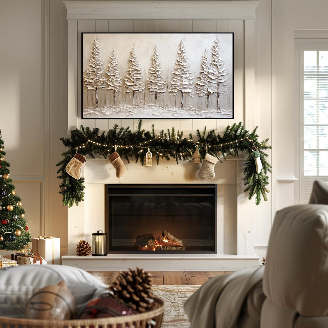 Seven White Textured Pine Trees Beige Winter Forest Scene Wall Art - Image 7