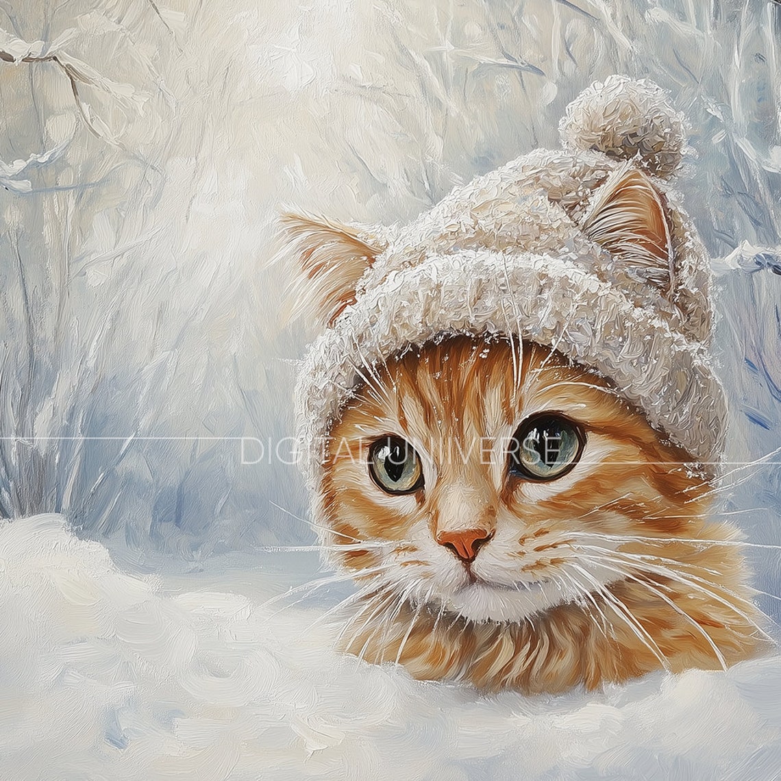 Cute Orange Kitten Knitted Hat Snowy Winter Forest Painting Poster - Image 4