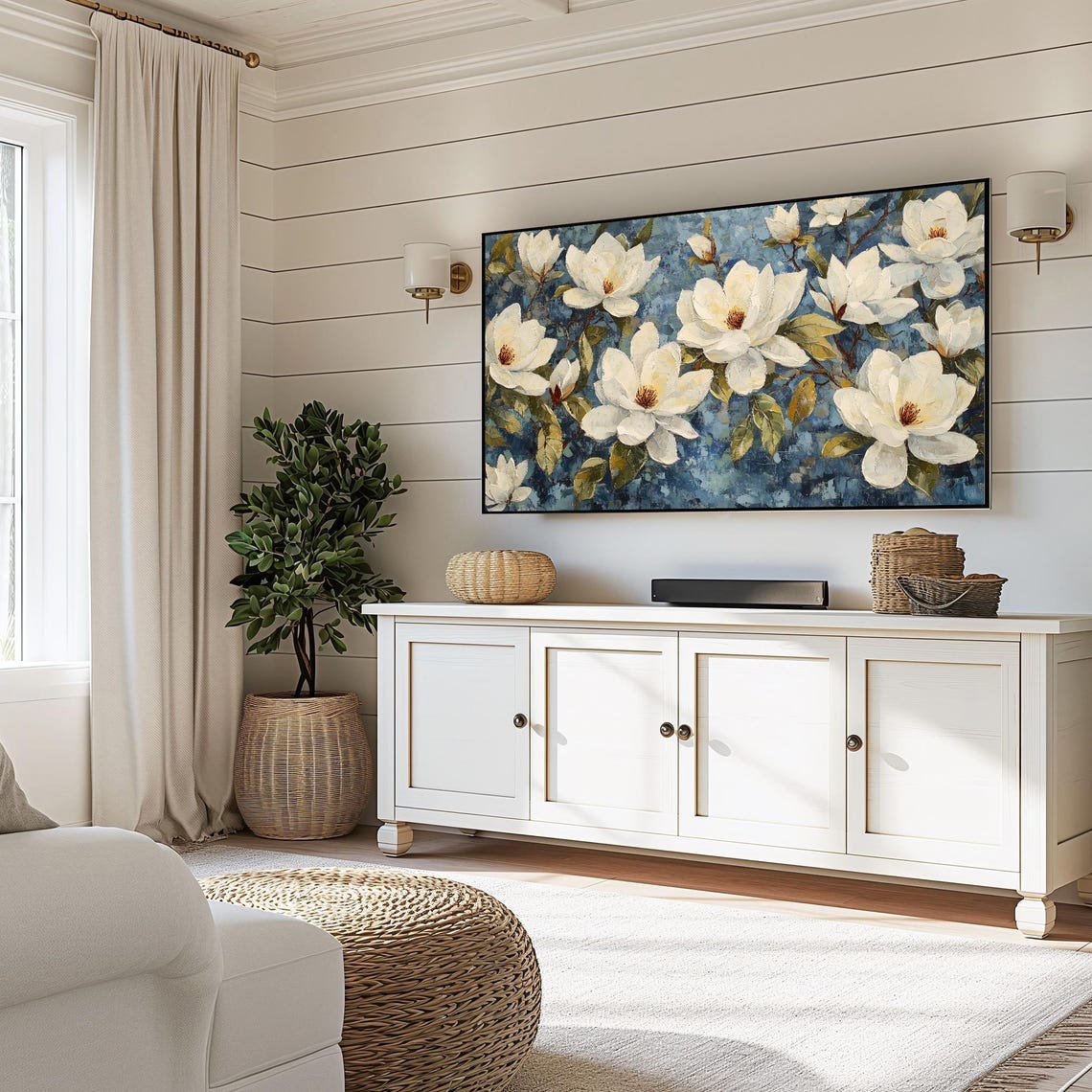 White Magnolias on Blue Impasto Textured Floral Art Wall Art - Image 6
