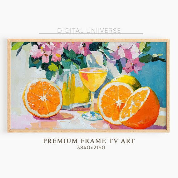 Sliced Oranges Cocktail Glass Flowers Impasto Still Life Painting Poster