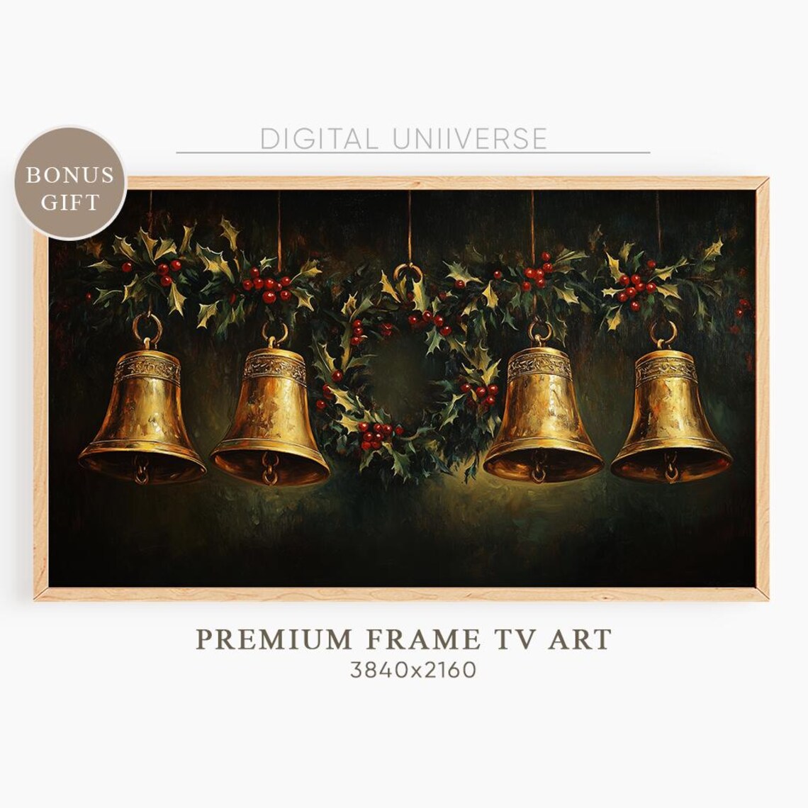Four Golden Brass Bells with Holly Vintage Christmas Decor Poster