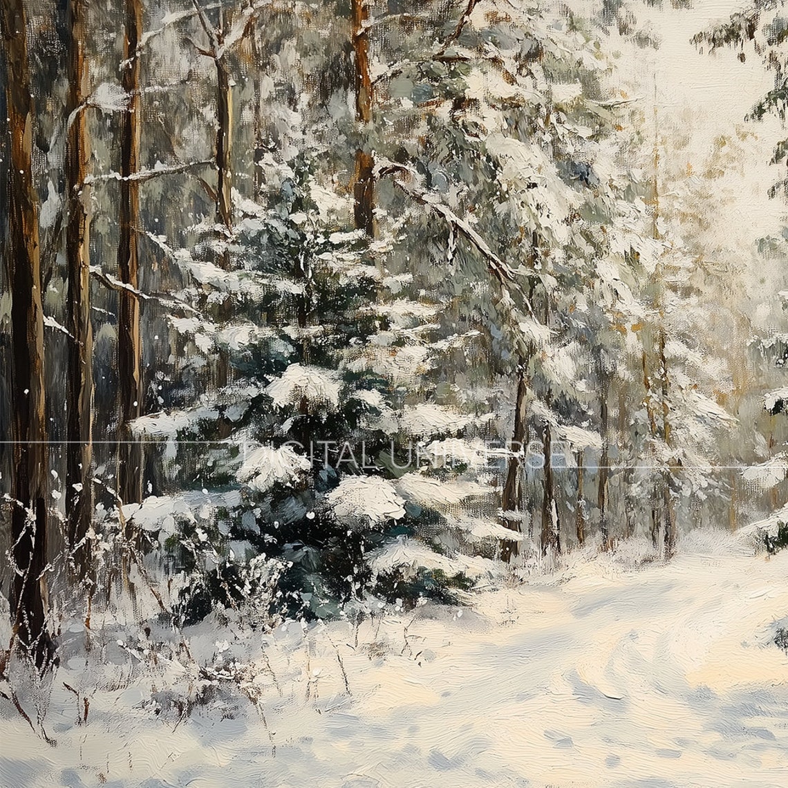 Snowy Forest Path Winter Oil Painting Woodland Trail Wall Art - Image 4