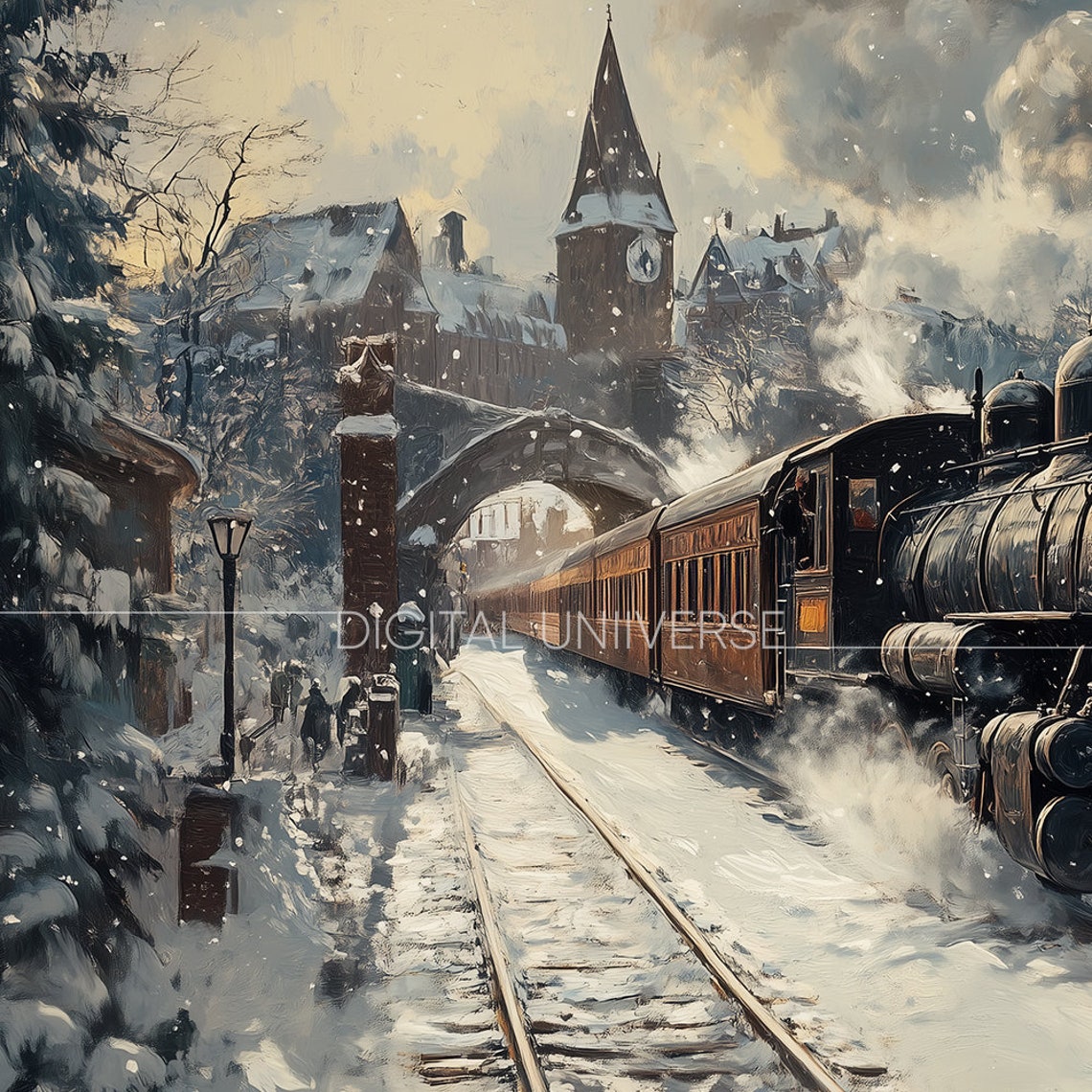 Vintage Steam Train Snowy Village Station Winter Scene Wall Art - Image 3