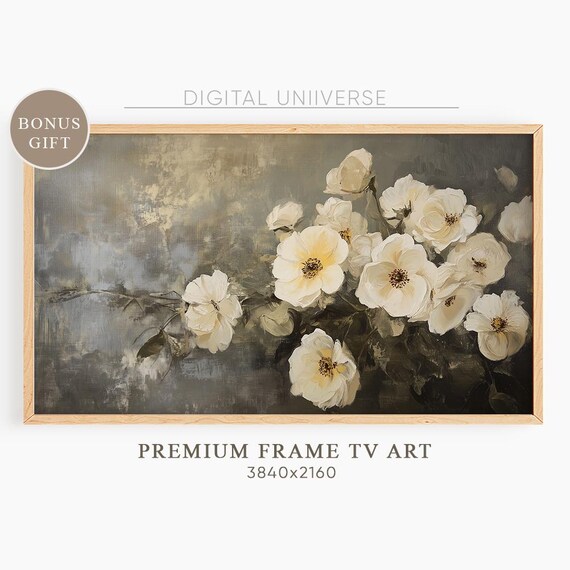 White Anemones on Dark Gray Moody Vintage Floral Painting Wall Art
