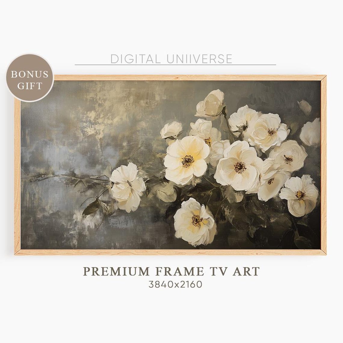 White Anemones on Dark Gray Moody Vintage Floral Painting Wall Art